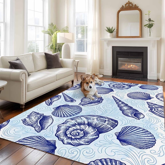 Coastal Seashell Washable Area Rug 6x9 Dark Blue Conch Ocean Theme Wave Lines Modern Low-Profile Large Area Rugs with Non Slip Backing Indoor Floor Carpet for Entrance Living Room Bedroom Home Office