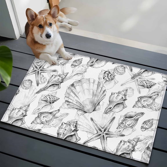 Coastal Seashell Washable Entry Rug 2x3 Summer Nautical Gray Shell Starfish Marine Life Low Pile Indoor Door Mat with Rubber Backing Thin Area Rug for for Entrance, Bedroom, Kitchen, Bathroom