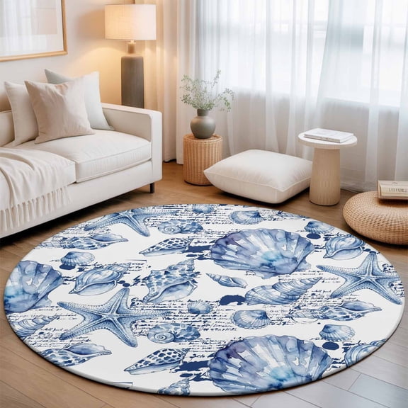 Coastal Seashell Washable Round Area Rug 3 ft, Summer Nautical Blue Shell Starfish Hampton Style, Soft Non Slip Rugs Stain Repellent Indoor Felt Carpet for Living Dining Room Bedroom Home Office