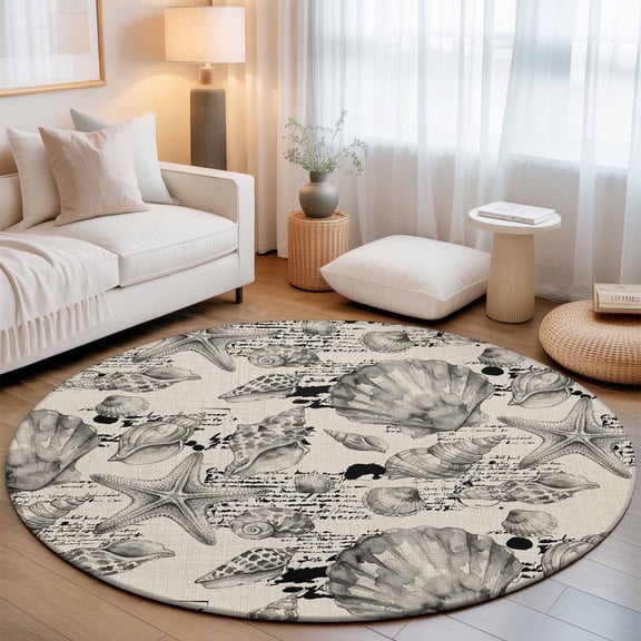 Coastal Seashell Washable Round Area Rug 3 ft, Summer Nautical Gray Shell Starfish Beige Hampton Style, Soft Non Slip Rugs Stain Repellent Indoor Felt Carpet for Living Dining Room Bedroom Home