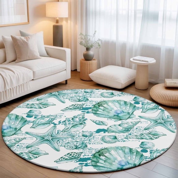 Coastal Seashell Washable Round Area Rug 3 ft, Summer Nautical Green Shell Starfish Hampton Style, Soft Non Slip Rugs Stain Repellent Indoor Felt Carpet for Living Dining Room Bedroom Home Office