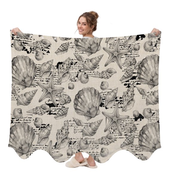 Coastal Seashell Wearable Blanket, Summer Nautical Gray Shell Starfish Beige Hampton Style Plush Thick Cozy Flannel Oversized Adult Throw Body Wearable Blankets with Pocket for Women Men 58x64in