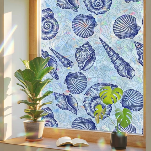 Coastal Seashell Window Privacy Film, Dark Blue Conch Ocean Theme Wave Lines Modern Stained Glass Rainbow Film Decorative Window Clings, Static Cling Sun Blocking Stickers 17.7" x 39.3"