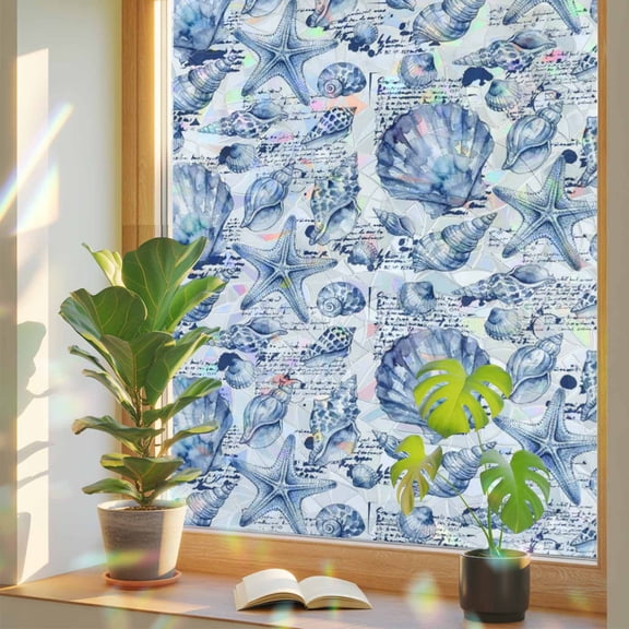 Coastal Seashell Window Privacy Film, Summer Nautical Blue Shell Starfish Hampton Style Stained Glass Rainbow Film Decorative Window Clings, Static Cling Sun Blocking Stickers 19.6" x 39.3"