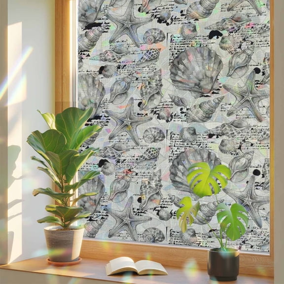 Coastal Seashell Window Privacy Film, Summer Nautical Gray Shell Starfish Beige Hampton Style Stained Glass Rainbow Film Decorative Window Clings, Static Cling Sun Blocking Stickers 17.7" x 39.3"