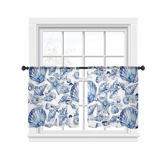 Coastal Seashell Window Sheer Curtain Summer Nautical Blue Shell Starfish Hampton Style Semi Curtain Sheers Light Filtering Rod Pocket Voile Drapes for Bedroom Kitchen 52 X 54 Inch, 2 Panels