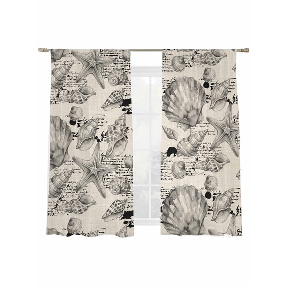 Coastal Seashell Window Sheer Curtain Summer Nautical Gray Shell Starfish Beige Hampton Style Semi Curtain Sheers Light Filtering Rod Pocket Voile Drapes for Bedroom Kitchen 52 X 63 Inch, 2 Panels