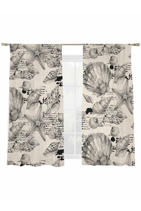 Coastal Seashell Window Sheer Curtain Summer Nautical Gray Shell Starfish Beige Hampton Style Semi Curtain Sheers Light Filtering Rod Pocket Voile Drapes for Bedroom Kitchen 52 X 63 Inch, 2 Panels