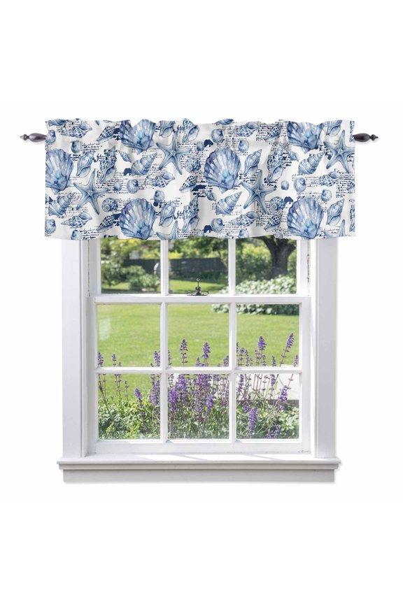 Coastal Seashell Window Valance for Kitchen, Summer Nautical Blue Shell Starfish Hampton Style Rod Pocket Short Curtains for Bathroom Bedroom Window, Light Filtering Decorative Valances, 54x18 Inch