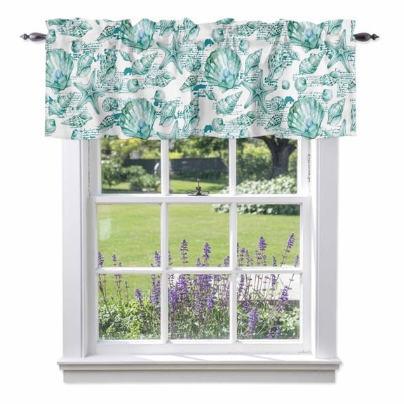 Coastal Seashell Window Valance for Kitchen, Summer Nautical Green Shell Starfish Hampton Style Rod Pocket Short Curtains for Bathroom Bedroom Window, Light Filtering Decorative Valances, 42x12 Inch