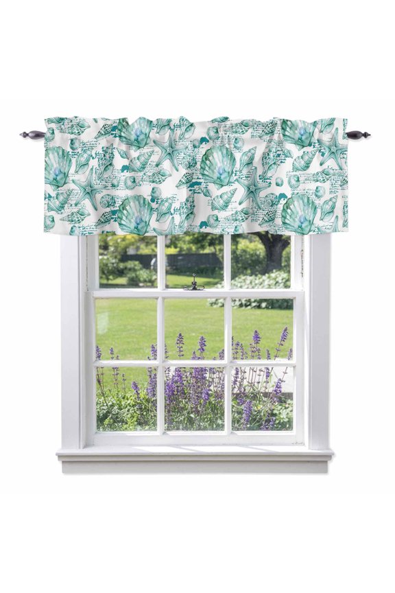 Coastal Seashell Window Valance for Kitchen, Summer Nautical Green Shell Starfish Hampton Style Rod Pocket Short Curtains for Bathroom Bedroom Window, Light Filtering Decorative Valances, 42x18 Inch