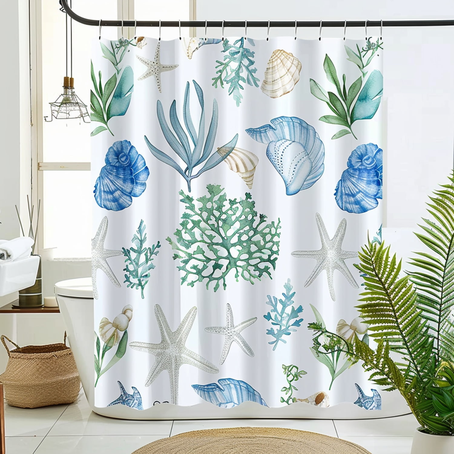 Coastal Seashell and Starfish Watercolor Shower Curtain Beach Theme