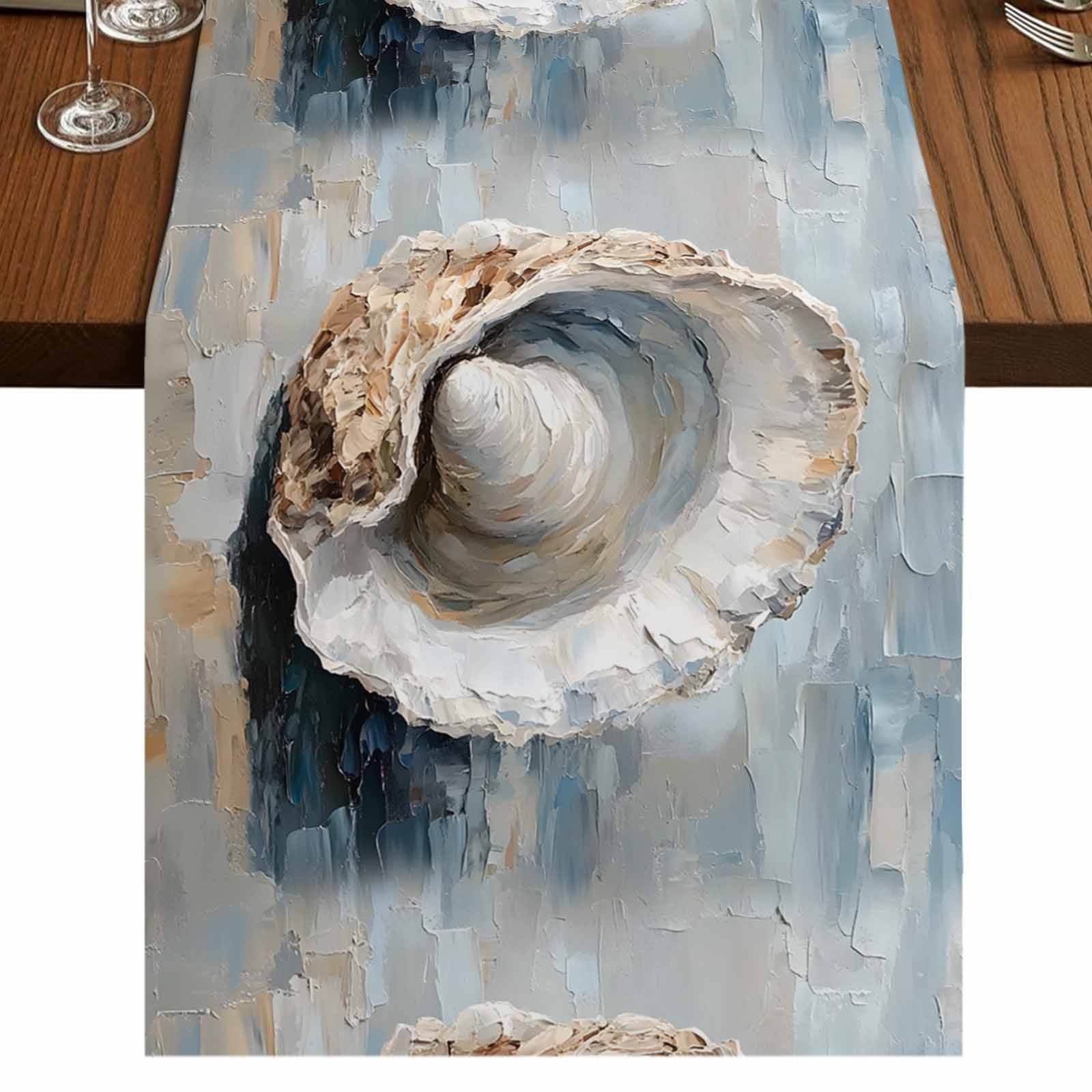Runner Seashell Coastal Seashells 90 Inch Table Runner, Rustic Nautical Oil Abstract ...