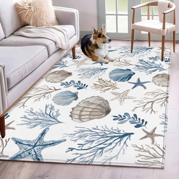 Coastal Seashells Area Rugs 3'x5', Washable Small Throw Rugs for Living Room Bedroom, Nautical Beach Ocean Creatures Leaves Indoor Outdoor Rug Non-Slip Low Pile Carpet Runner Reversible Floor Mats