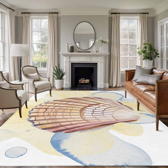 Coastal Seashells Area Rugs 5'x8', Washable Small Throw Rugs for Classroom Bedroom, Ocean Beach Nautical Marine Life Indoor Outdoor Rug Non-Slip Low Pile Carpet Runner Reversible Floor Mats
