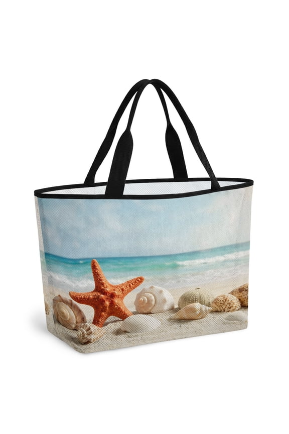 Coastal Seashells Beach Bag for Women, Large Breathable Mesh Beach Tote Bag, Tropical Beach Starfish Ocean Horizon Sandproof Lightweight Travel Bags for Vacation Picnic Swimming Pool 15.7"x15.7"x9.1"