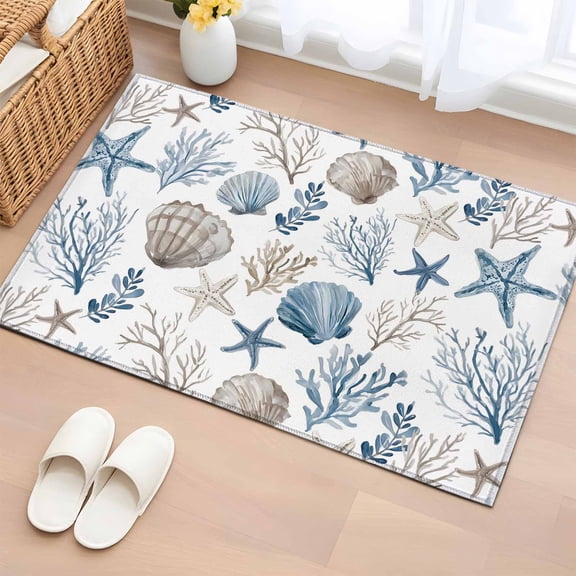 Coastal Seashells Entryway Rug 2'x3' Non Slip Front Door Mats, Nautical Beach Ocean Creatures Leaves Entrance Rugs Indoor Outdoor Carpet, Washable Floor Mats Small Area Rug for Bedroom Kitchen
