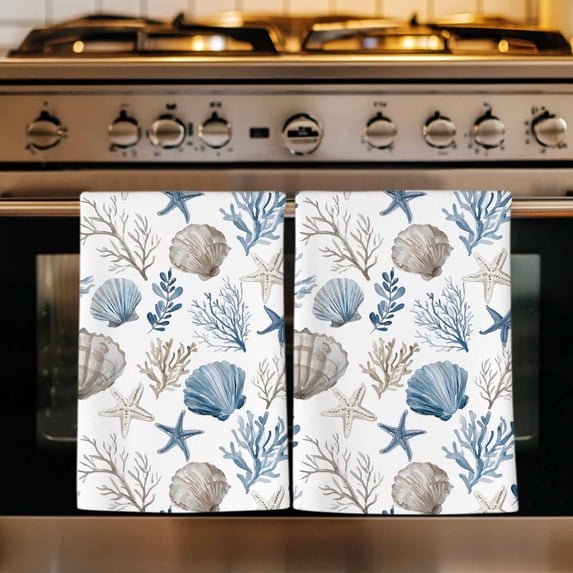 Coastal Seashells Kitchen Towels Set of 3, Nautical Beach Ocean Creatures Leaves Absorbent Dish Towels for Kitchen, Microfiber Hand Towel, Quick Drying Tea Towel for Cleaning Decorative Dishcloths