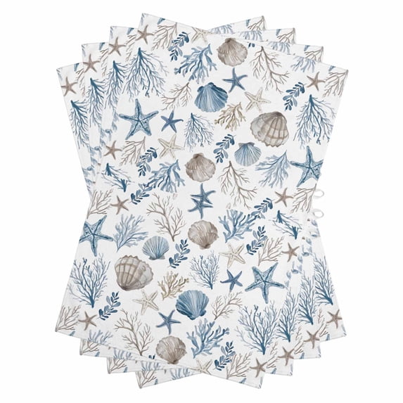 Coastal Seashells Kitchen Towels Set of 4, Water Absorbent Dish Towel, Nautical Beach Ocean Creatures Leaves Decorative Hand Towels - Quick Drying Cloth for Cooking Baking, 18x28 Inch