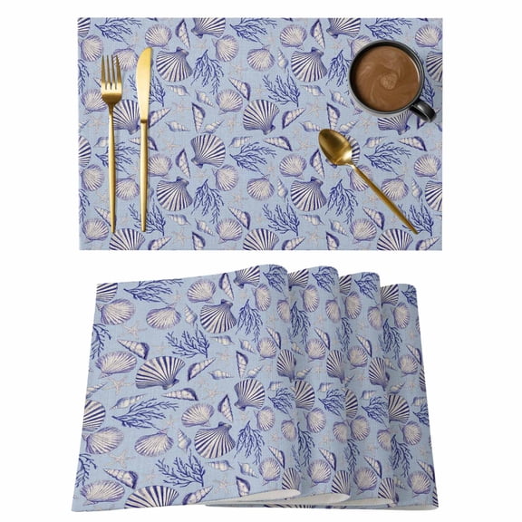 Coastal Seashells Placemats Set of 12 Summer Nautical Coral Vintage Rustic Place Mats Indoor Wipeable Table Mats Washable Cloth Dining Table Placemats for Kitchen Holiday Party Home Decor 13x19 Inch