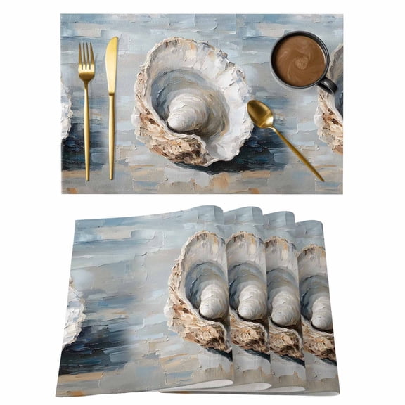 Coastal Seashells Placemats Set of 8 Rustic Nautical Oil Abstract Painting Place Mats Indoor Wipeable Table Mats Washable Cloth Dining Table Placemats for Kitchen Holiday Party Home Decor 13x19 Inch