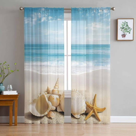 Coastal Seashells Sheer Curtains 72 Inches Long 2 Panels Set, Window Sheer Curtains for Living Room/Bedroom, Beach Ocean Nautical Starfish Conch Light Filtering Rod Pocket Curtain 52'' x 72'' x 2