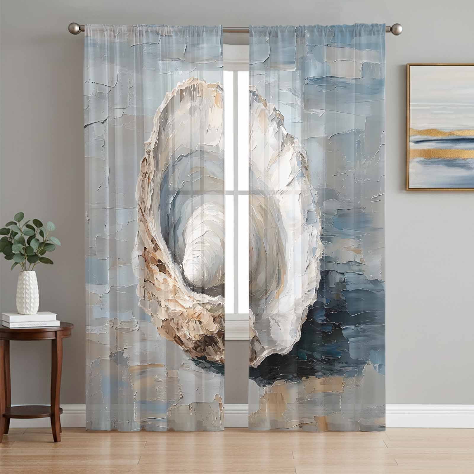 Coastal Seashells Sheer Curtains 84 Inch Length 2 Panels Set, Rustic ...