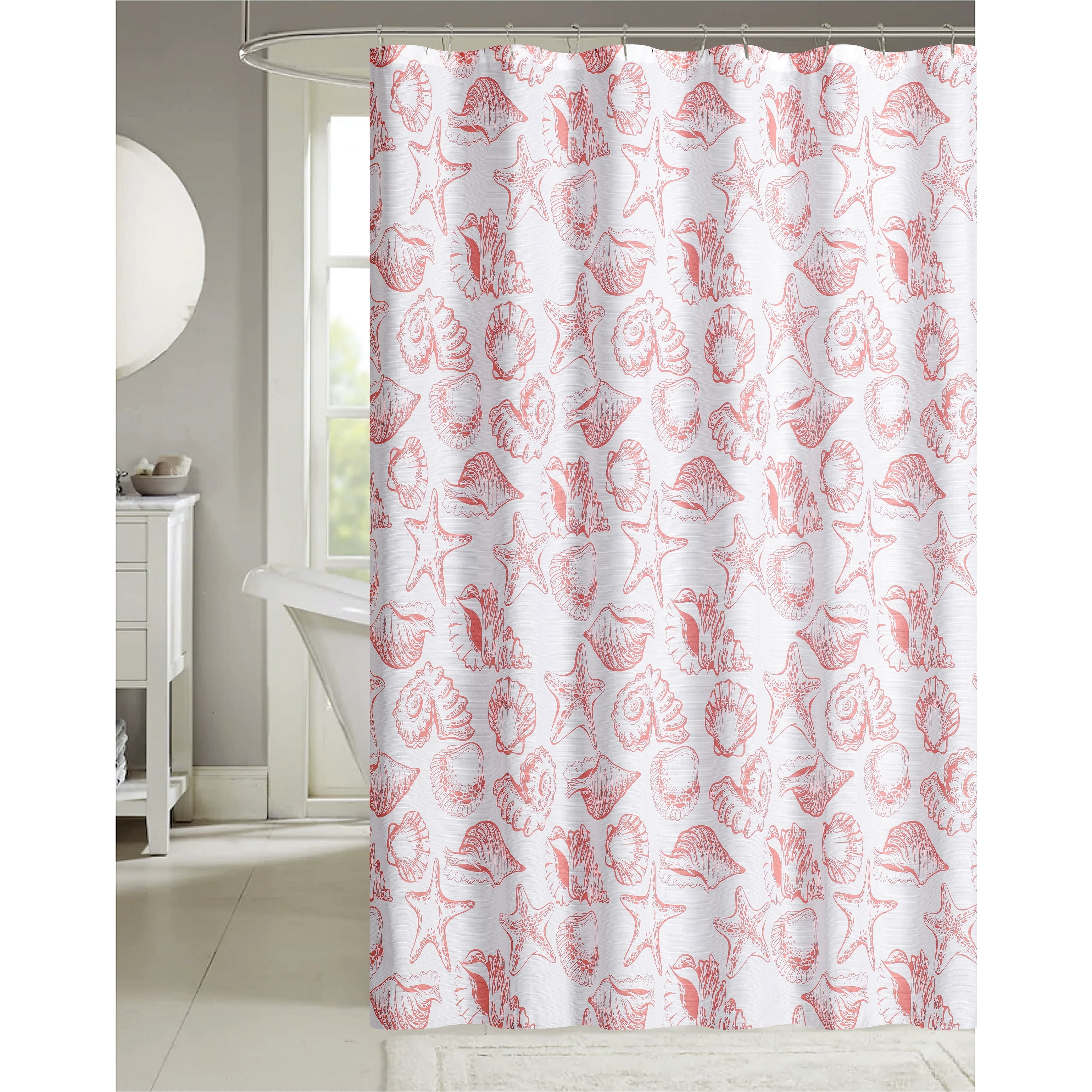 Coral and White Coastal Seashell Fabric Shower Curtain, 70" x 72"