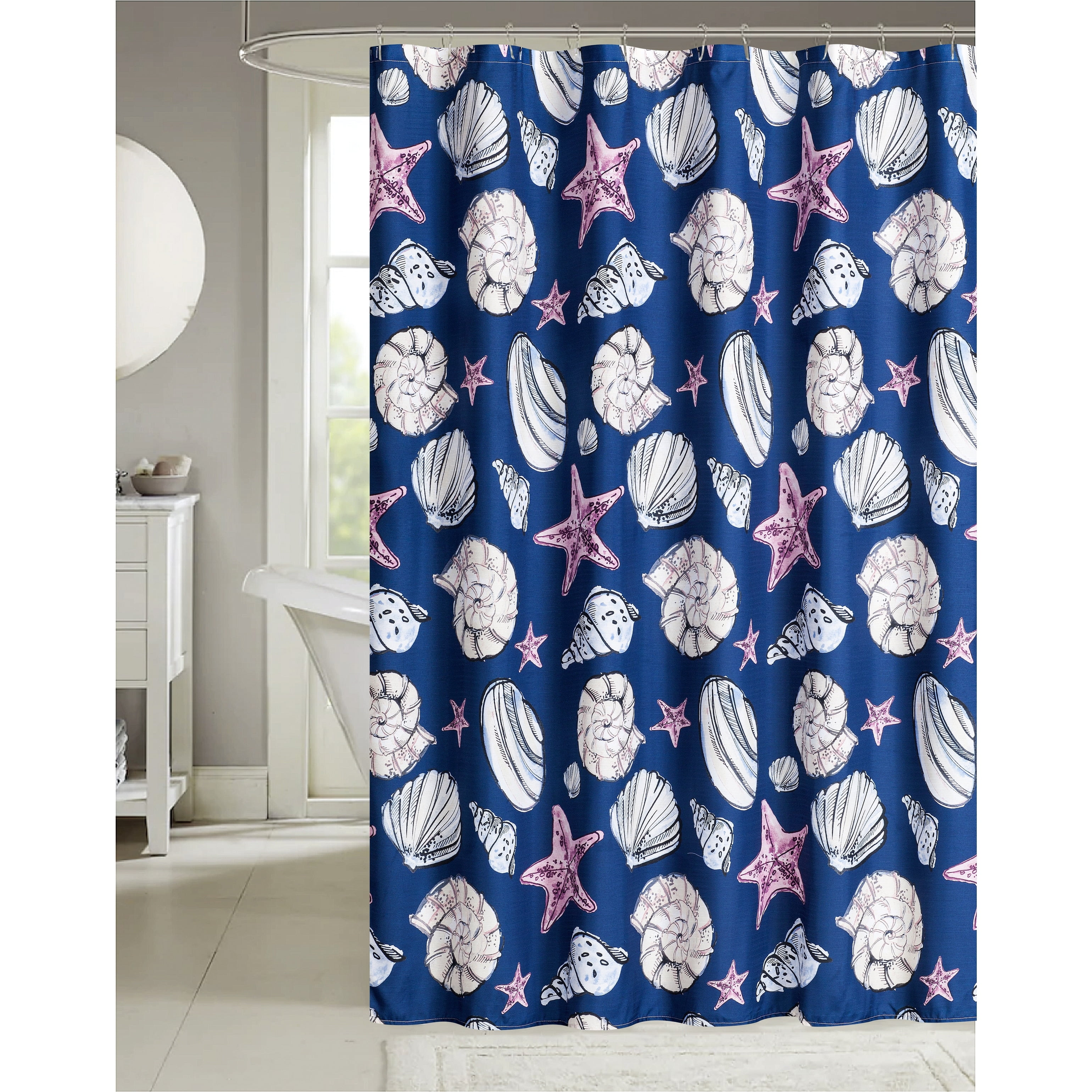 Navy Blue Coastal Seashells and Starfish Fabric Shower Curtain