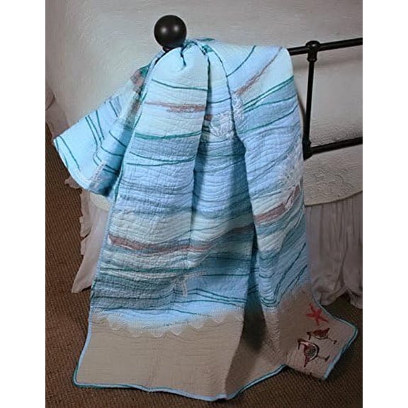 Coastal Seaside Cottage Quilt Lap Throw Blanket Sea Shell Print Pattern Ocean Blue 100 Cotton Luxury Reversible Bedding$$Home Decor, Kitchen, & Other