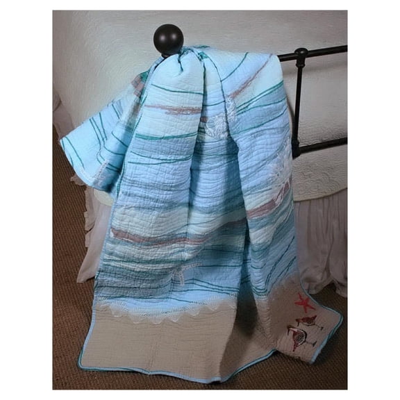 Coastal Seaside Cottage Quilt Lap Throw Blanket Sea Shell Print Pattern Ocean Blue 100 Cotton Luxury Reversible Bedding
