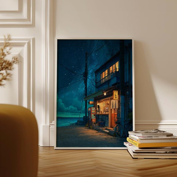 Coastal Seaside Night Street Japanese Inspired Landscape Home Wall Art, Unframed Paper Poster 8x10in
