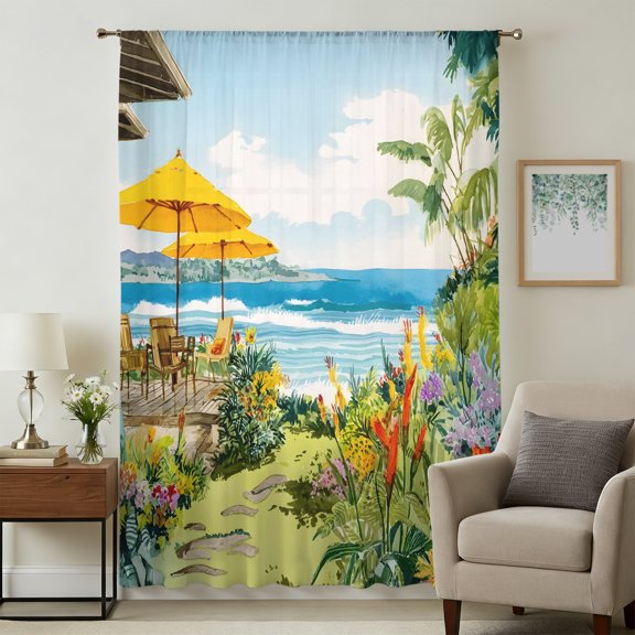 Coastal Seaside Sheer Curtains 45 Inches Long, Yellow Beach Umbrellas Flowers Sky Light Filering Curtains, Breathable Simi Curtain Privacy Drapes for Kitchen Bathroom Lightweight Window Treatment