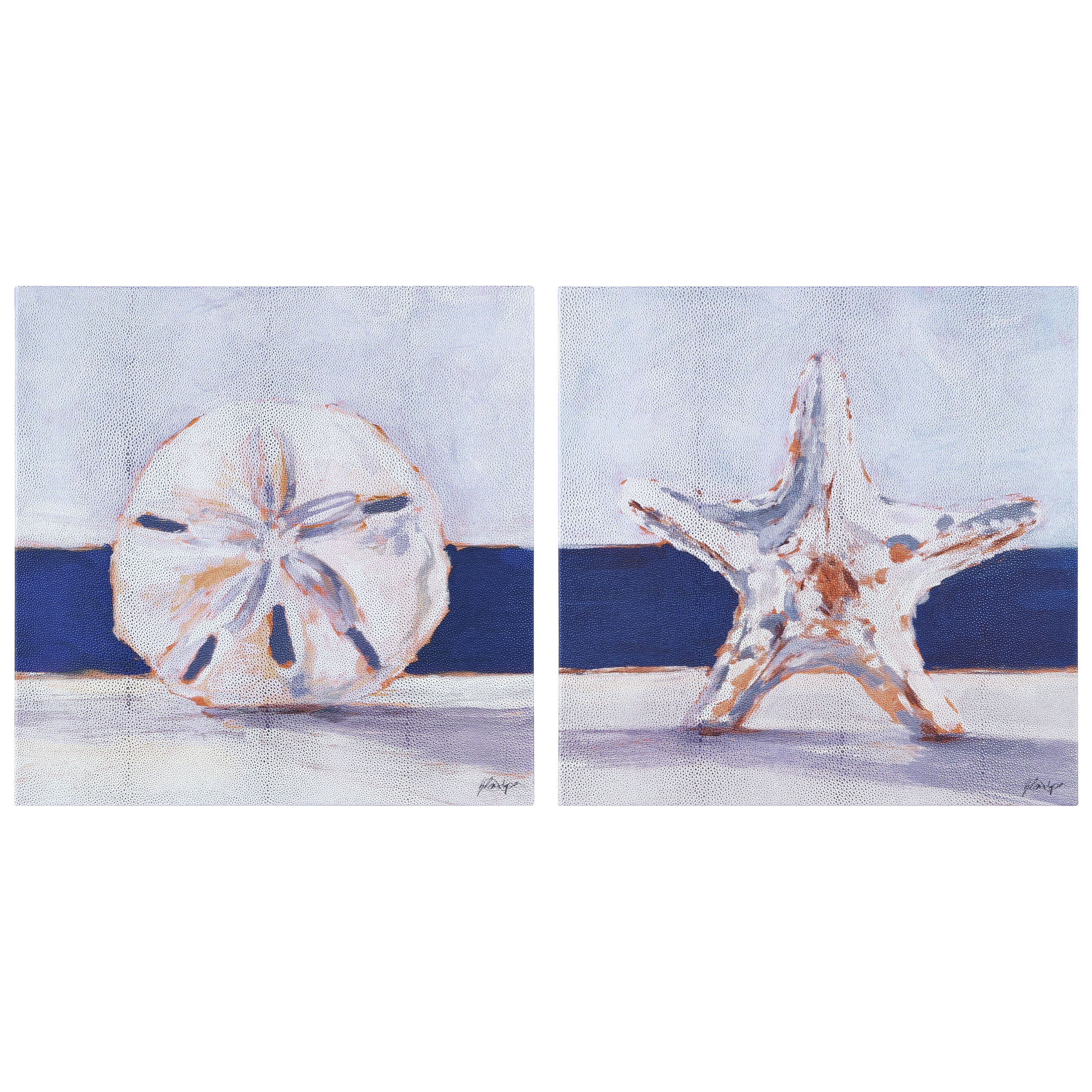 "Coastal Serenity I & II", Beach-themed Artwotk on Silver Metallic Shagreen Wrapped Canvas Wall Art Set, sized 22"x22"