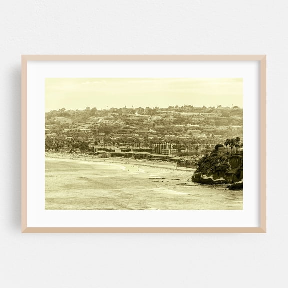 Coastal Serenity - La Jolla Vintage - San Diego California Photography Beach Coastal Ocean Palm Tree Landscape Vintage Scenic Oak Framed Wall Art Print 24 x 36 inches