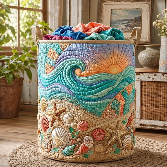 Coastal Serenity Quilted Laundry Basket, Personalized Fabric Storage Basket, Beach House Laundry Hamper, Nautical Home Organizer