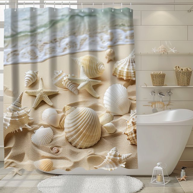 Coastal Serenity Seashell Beach Bathroom Shower Curtain Light Beige