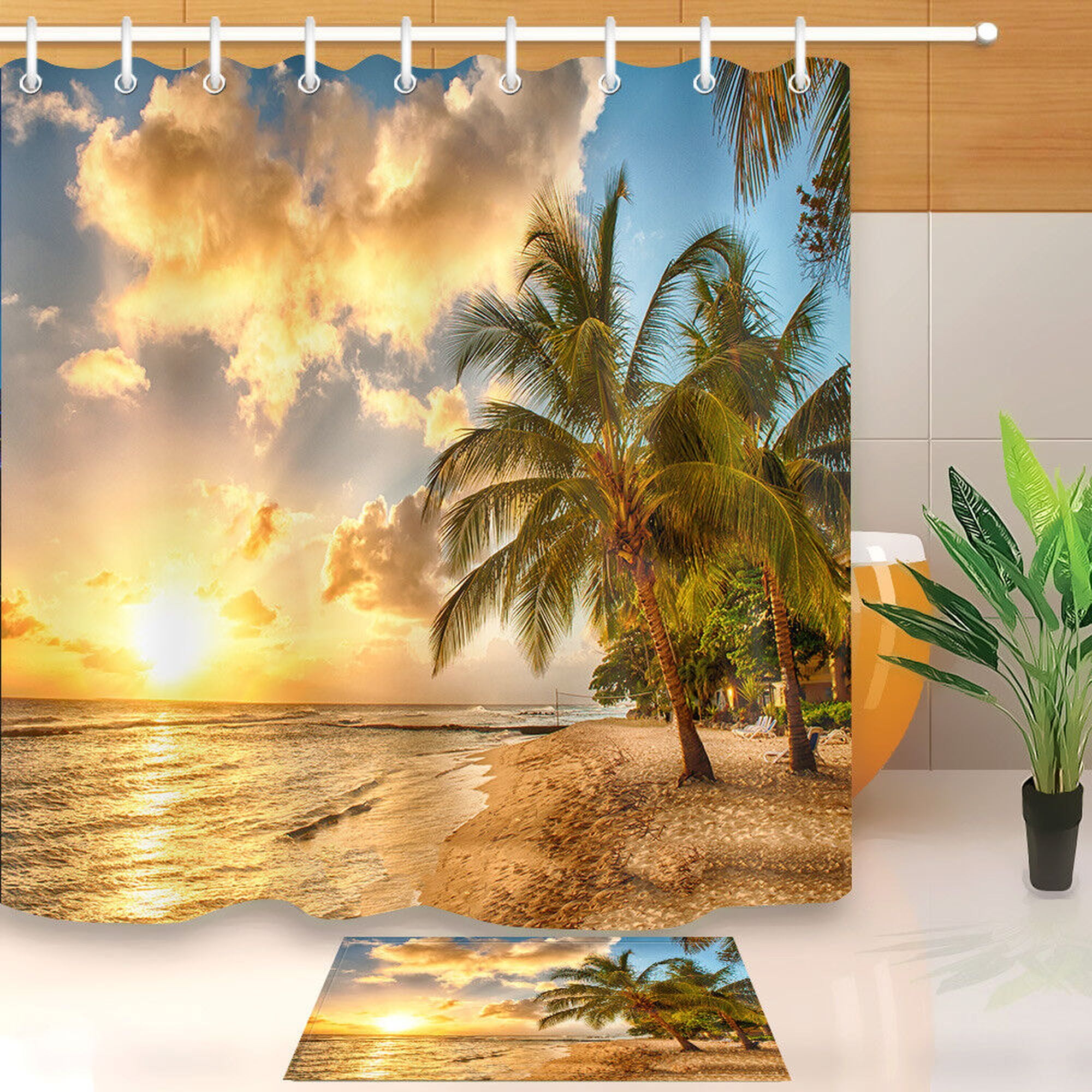 Coastal Serenity Sunset Beach Palm Trees Shower Curtain Transform