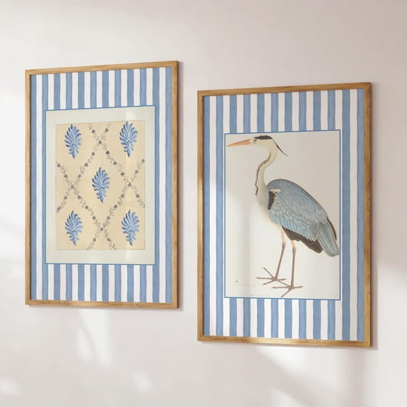 Coastal Set Of 2, Blue Stripe Bird And Pattern Prints, Nautical Beach House Decor, Preppy Coastal Granddaughter, Modern Wall Decor Set 2 Prints, Poster Only