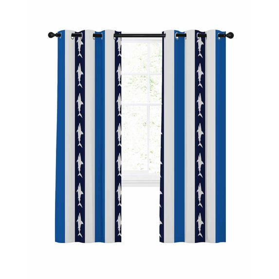 Coastal Shark Blackout Curtains, Light Blocking Print Window Curtains, Ocean Navy Blue White Stripe Geometric Thermal Insulated Window Drapes for Living Room Kitchen Cafe 2 Panels, 84"W x 63"L