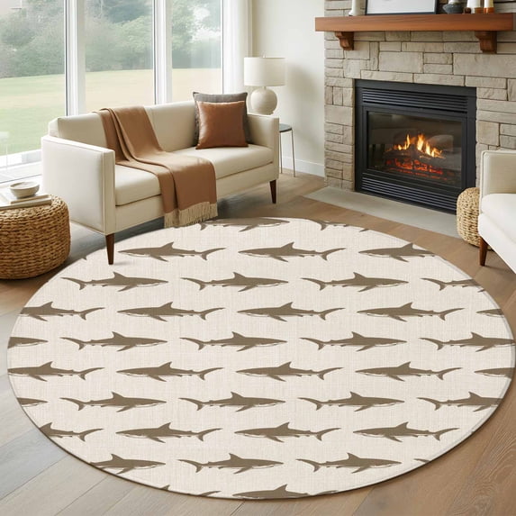 Coastal Shark Round Area Rug 7Ft Washable Circle Rugs for Dorm Laundry Room, Ocean Sea Nautical Rustic Non-Slip Carpet Floor Mats Indoor Outdoor Carpet Runner Aesthetic Home Decor