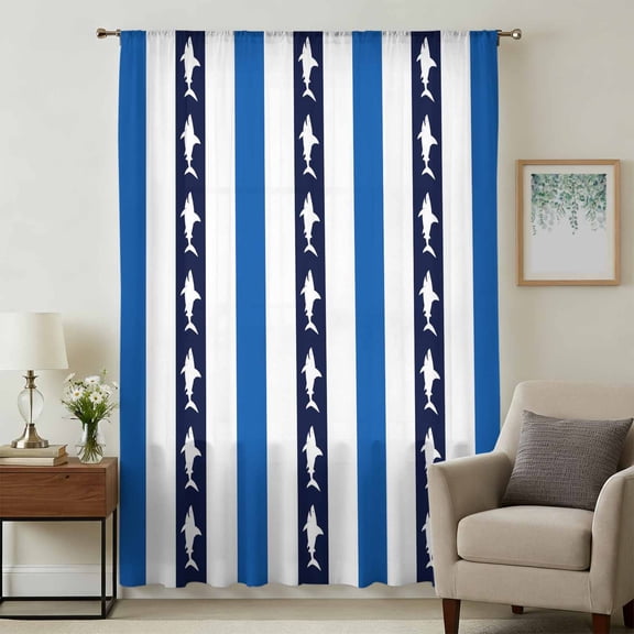 Coastal Shark Sheer Curtains 45 Inches Long, Ocean Navy Blue White Stripe Geometric Light Filering Curtains, Breathable Simi Curtain Privacy Drapes for Kitchen Bathroom Small Window Treatment