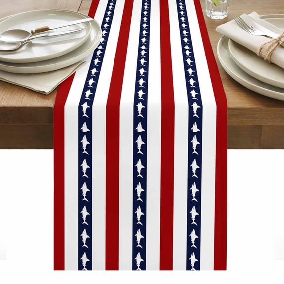 Coastal Shark Table Runner - 72 Inch Long, Kitchen Dining Table Runner Dresser Scarves, Ocean Red Navy Blue White Stripe Geometric Farmhouse Decor for Coffee Tables Wedding Party Banquet
