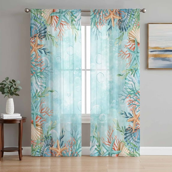 Coastal Sheer Curtains 108 Inch Length 2 Panels Set Window Treatments, Summer Nautical Beach Coral Starfish Blue Ombre Rod Pocket Semi Curtains for Living Room/Bedroom/Kitchen Décor, 104"W x 108"L