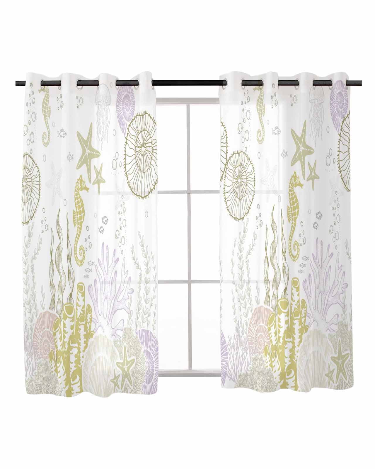 Coastal Sheer Curtains 45 Inch Length 2 Panels Yellowgreen Ocean Coral