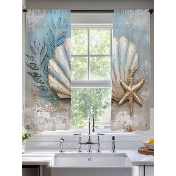 Coastal Sheer Curtains for Living Room Bedroom Botanical Starfish Shell Nautical Beach Sheer Curtains 72 Inch Long 2 Panels Set Light Filtering Curtain Window Treatments Drapes for Dining Room