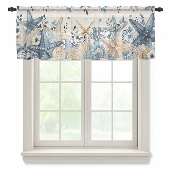 Coastal Sheer Valances for Windows, Ocean Blue Beige Starfish Shells Leaves Retro Linen Semi Sheer Kitchen Valance Rod Pocket Small Voile Window Curtains for Living Room Bedroom 60 x 18 Inch