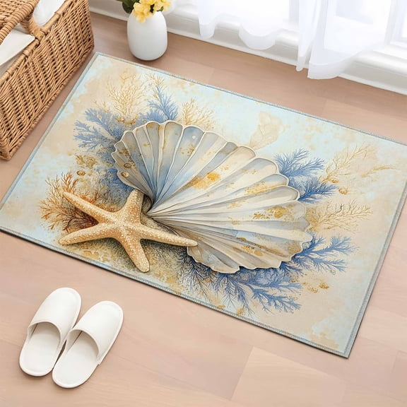 Coastal Shell Bathroom Rug Washable 2x3 Entryway Rug Non Slip Starfish Summer Beach Nautical Ocean Front Door Mat Low Pile Indoor Doormat Throw Floor Carpet for Kitchen Bedroom Entrance