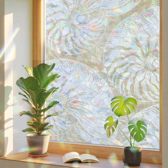Coastal Shell Beige Window Privacy Film Rainbow Static Cling Stain Glass Window Film for Glass Door, Decorative UV Blocking Sunroof Decal Sticker for Car 17.7"x39.3" Summer Ocean Shell Beach