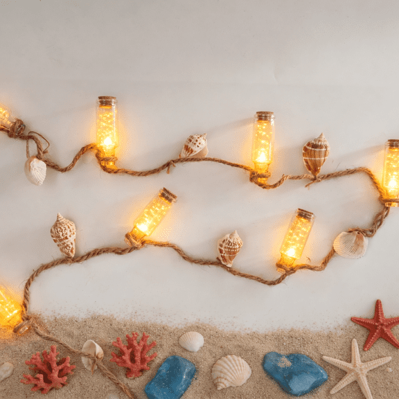 Coastal Shell Bottle LED String Lights, 10 Nautical Beach Fairy Lights with Warm White Glow, Rustic Jute Rope Decorative Lights for Home, Bedroom, Patio, Wedding, Party, Farmhouse Decor